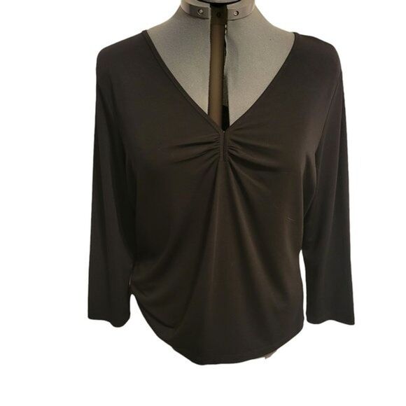 Womans Stretch Black Top VNeck Shirred Front Size XL APOSTROPHE Spandex - Picture 2 of 12